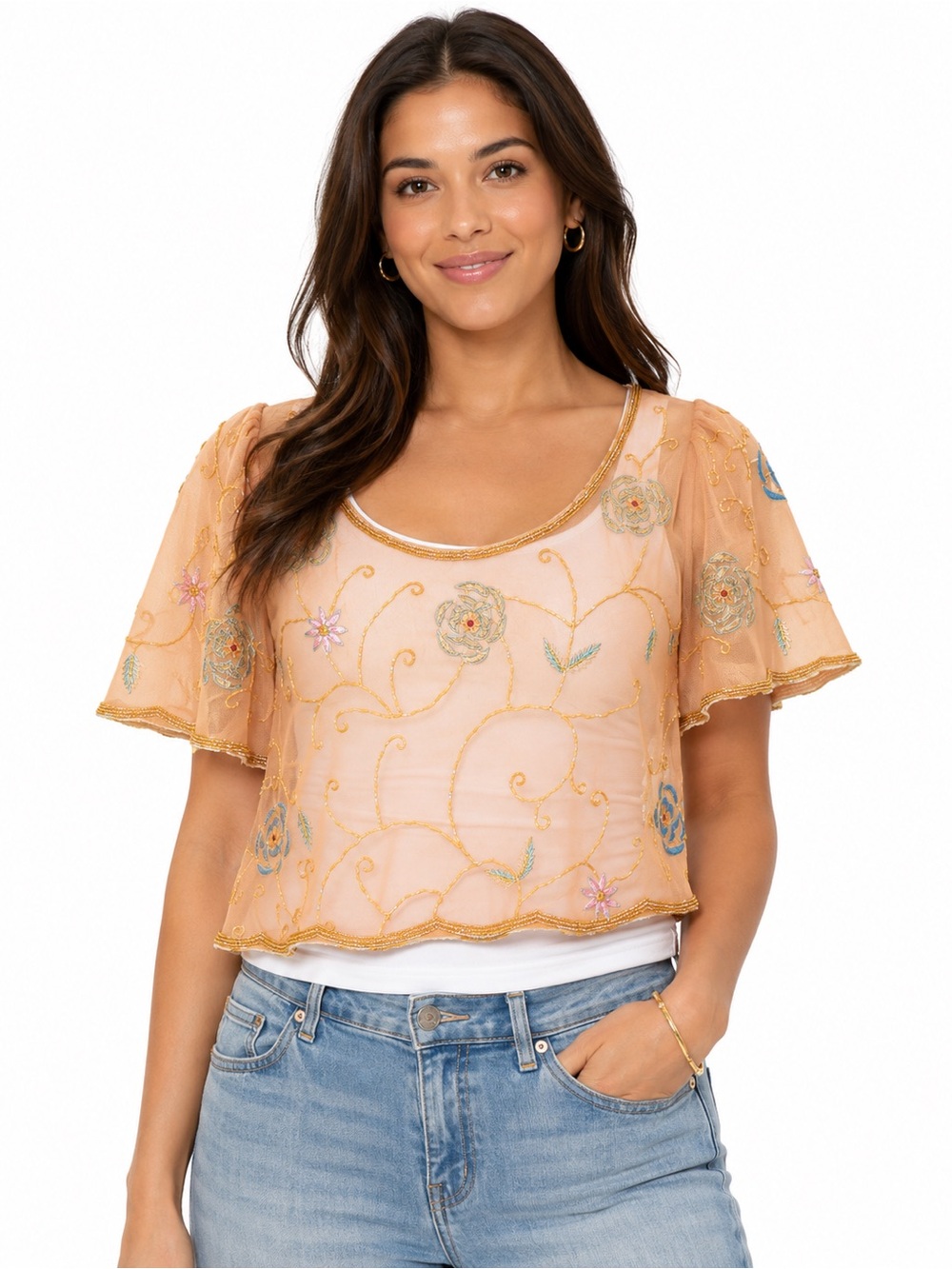 Peach Embroidered Floral Sheer Cropped Popover